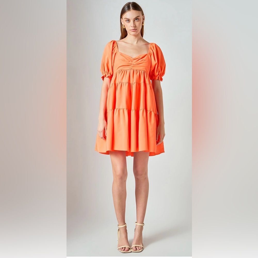 Endless Rose Tiered Mini Dress puff sleeves ruched bodice Size Small NWOT
